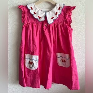 The Proper Peony Girls Bright Pink Dress with Embroidered Minnie Pockets